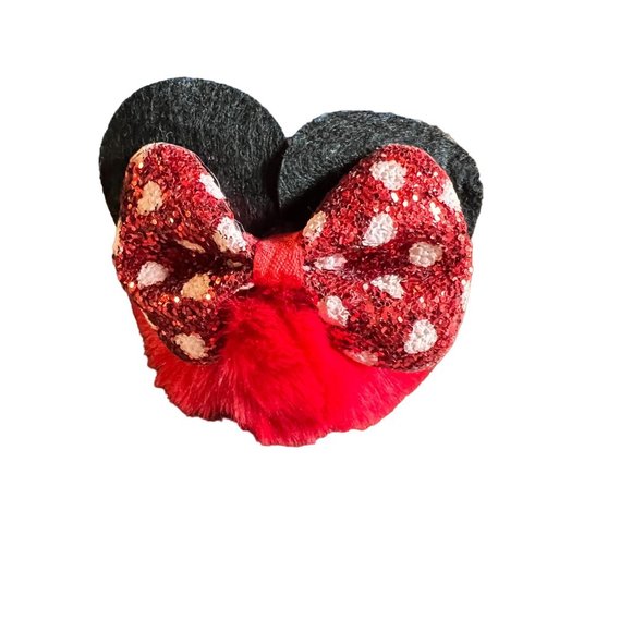 Disney Minnie Mouse Pom Pom Keychain Bow Glitter Red Black - Picture 4 of 8